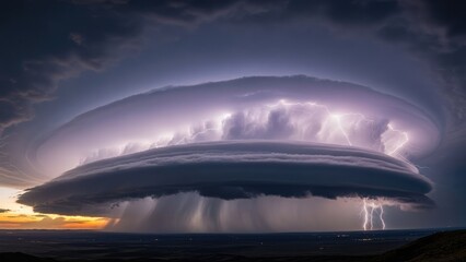 Dramatic Supercell Thunderstorm with Lightning Strikes at Sunset.