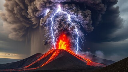 Dramatic Volcanic Eruption with Intense Lightning Strikes and Flowing Lava.