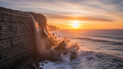 Dramatic Ocean Sunset with Waves Crashing Against Rocky Cliffs.