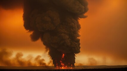 Massive Black Smoke Plume Rising from a Fiery Inferno Against an Orange Sky.