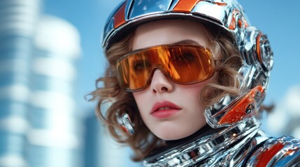A striking portrait capturing a futuristic space explorer adorned in a sleek metallic helmet and vibrant orange visor, representing innovation and the spirit of exploration.