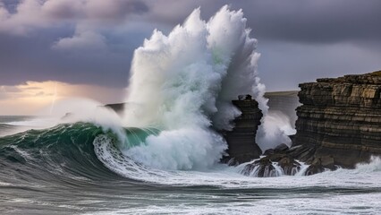 Massive Ocean Wave Crashing Against Rocky Shoreline Under Dramatic Sky.