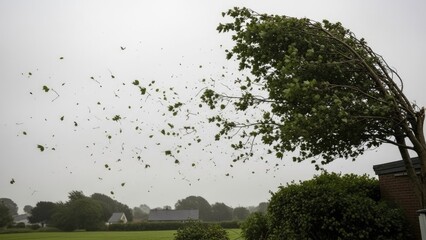 Strong Winds Rip Leaves from Trees During a Storm, Creating a Dramatic Scene of Natures Power.