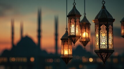 Obraz premium traditional islamic lanterns glowing warmly at twilight with a mosque silhouette in the background