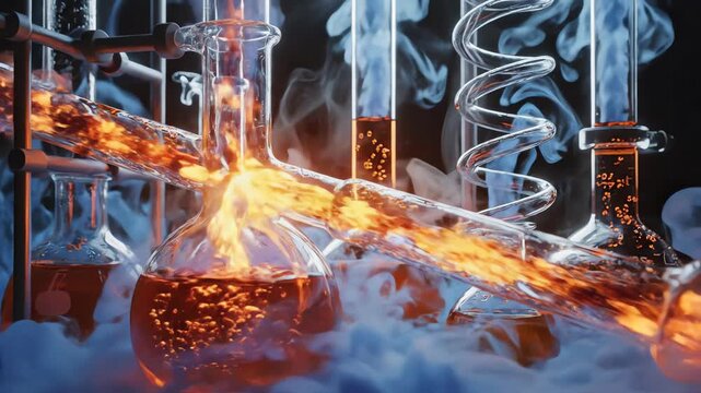 Seamless looping motion graphic animation of glowing orange and yellow volatile liquids swirling through connected laboratory tubes generating blue smoke and steam steam, blue, potion