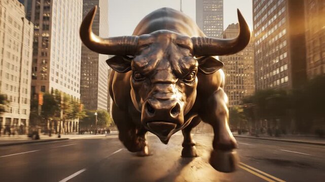 A large bronze bull statue standing in the middle of a city street with tall buildings in the background 4k video
