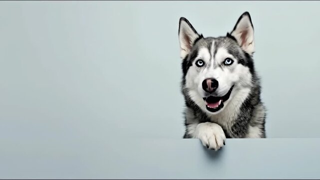 Husky dog looking curious, happy, and surprised with blue eyes in a studio portrait for pet care promotion