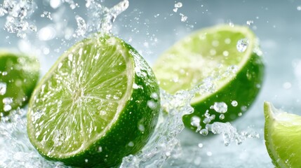 Dynamic splashes of water surround freshly cut lime halves, capturing both the freshness and the vibrant colors of the fruit, emphasizing its juicy appeal and energy.