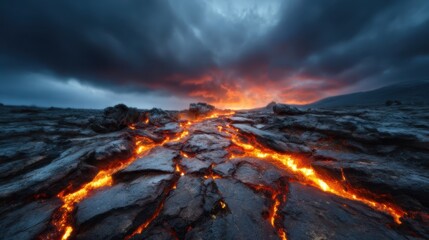 Fototapeta premium An awe-inspiring image of flowing lava against a backdrop of a dramatic sky at sunset, showcasing the raw power of nature and the stunning contrast between the fiery earth and soothing skies.