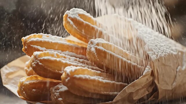 Seamless looping slow motion capture of powdered sugar cascading down onto hot fresh churros packaged tightly in a decorative paper cone wrapper texture, satisfying, dessert