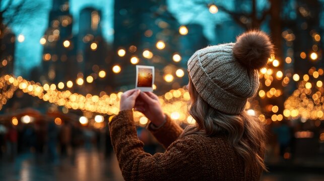 A picturesque scene of a woman capturing a moment with a camera against a backdrop of shimmering city lights, embodying the essence of urban exploration and connection.