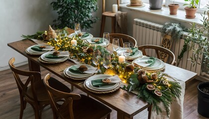 Fototapeta premium Elegant Natural Christmas Table Decoration with Eucalyptus and Dried Oranges