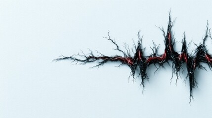 A visually striking abstract image showcasing heartbeat lines in black and red over a soft white background, symbolizing emotions, life, and human connection through art.