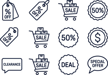 Shopping discount icons, sale symbols, price tags, special offer badges, clearance signs, e-commerce elements, retail promotion vector set