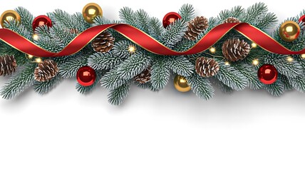 Christmas garland border decorated with pine branches red ribbon and festive ornaments
