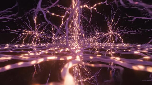 Seamless neural network visualization with interconnected glowing orange and purple pathways firing and transmitting data signals communication, conceptual, endorphins