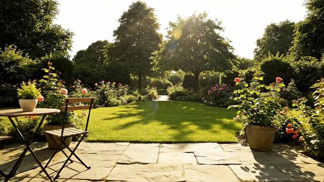 Seamless smooth glide moving outward through open bright conservatory doors onto a sunny paved patio overlooking a lush green garden architecturaldetail, Seamlesssmoothglide, homeimprovement