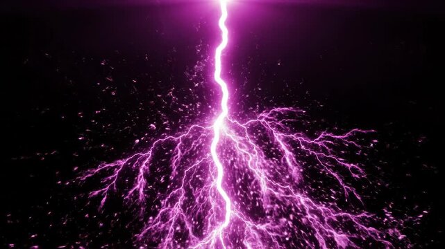 Vibrant pink lightning bolt striking downwards on a dark background with electric branches 4k video