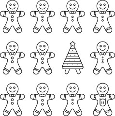 Gingerbread Man Line Icon Set for Christmas, Holiday and Winter Design