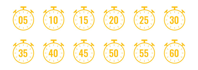 Yellow stopwatch icons with numbers 05 to 60 On Transparent Background