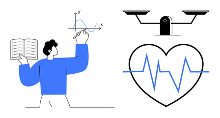 Education, data analysis, health monitoring, decision-making, balance, mathematical study. Person drawing graph with book, heartbeat and scale icons. Data analysis and health monitoring concept