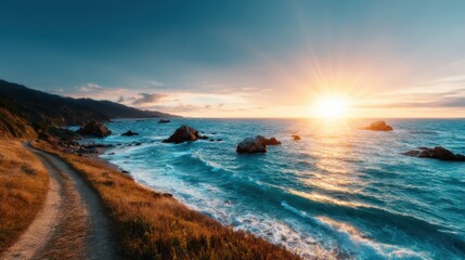A stunning sunset illuminates the coastal landscape, reflecting off the ocean waves and highlighting the rocky shoreline, creating a serene and picturesque scene.