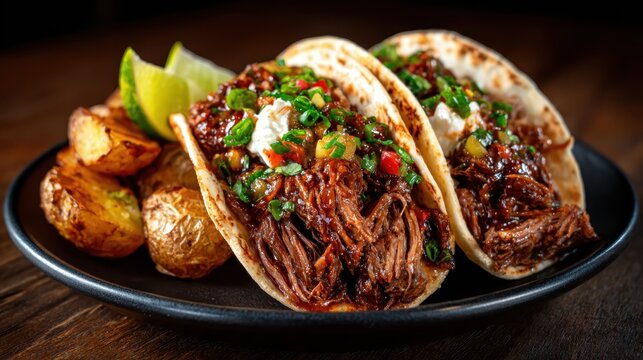 This mouth-watering image features two tacos stuffed with shredded meat and fresh toppings, served on a black plate alongside crispy potatoes for a delectable meal.