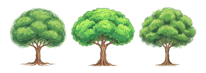 Set of crayon cartoon green trees with brown trunks