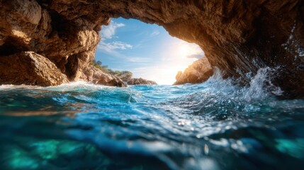 This breathtaking image captures a stunning view of a clear blue ocean from inside a picturesque cave, inviting viewers into a serene and peaceful coastal landscape.