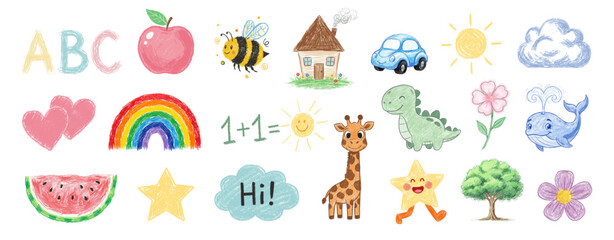 Fototapeta premium Kids crayon illustrations, children color pencil naive doodle set, cute cartoon animals.