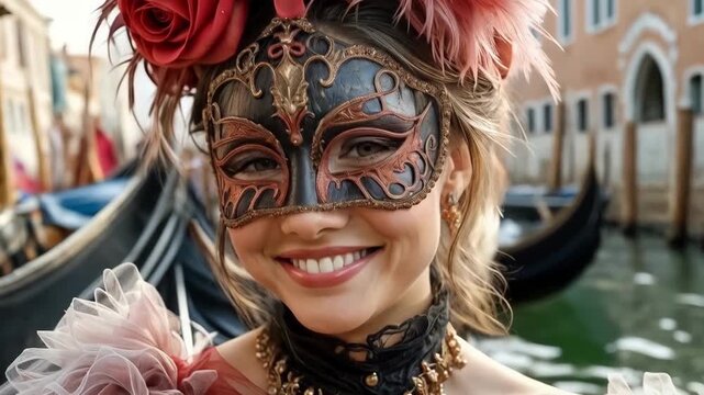 beautiful stranger at a Venetian carnival smiles mysteriously and tenderly