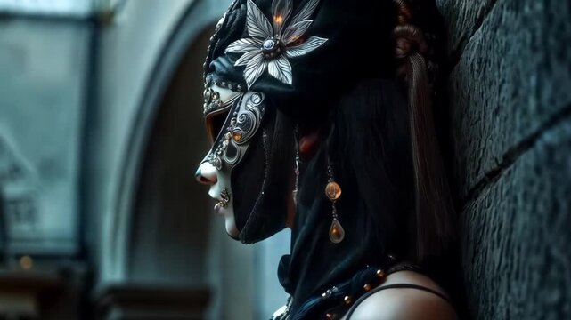 beautiful stranger at a Venetian carnival smiles mysteriously and tenderly