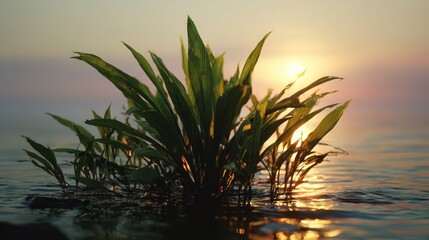 Obraz premium green plant near water at sunset