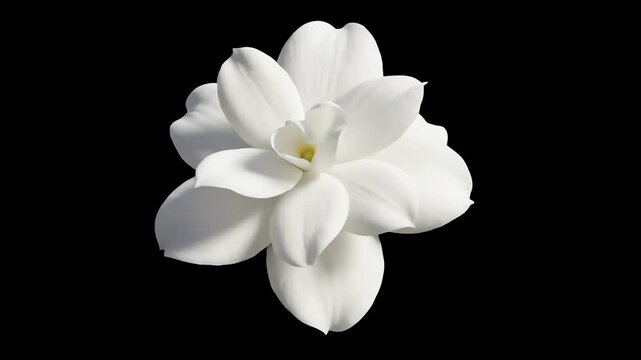 Seamlessly looping abstract animation of a perfectly rendered single white jasmine flower slowly rotating against a minimalist pure black backdrop freshness, minimalism, botanical