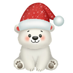 Illustration of a cute bear cub wearing a Santa hat. Christmas and holiday concept.