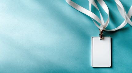 A minimalist image featuring a blank name tag with ribbon on a peaceful blue background ideal for identity-related themes and personalization-focused content.