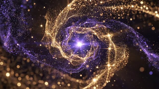 Seamlessly looping abstract background animation of shimmering golden dust and soft indigo blue light particles swirling gently around an unseen central point representing divine presence energy