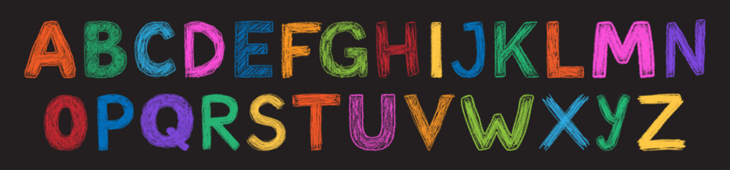 Colorful chalk-style alphabet on black background