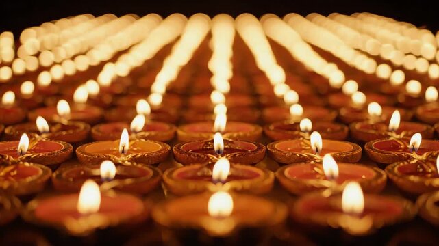 Seamlessly looping abstract background composed of countless soft focus golden diya lamps creating a repetitive warm illumination pattern perfect for presentations indian culture, yellow, festive