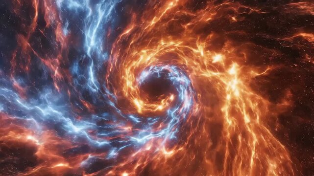 Seamlessly looping abstract background animation showing fiery orange and arctic blue energy spiraling outwards from a central void smooth, transition, abstract background