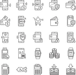 Collection of hand drawn outline icons representing mobile payments and financial transactions silhouette isolated on white background