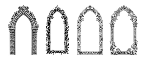 Set of ornate Gothic arch frames with intricate details