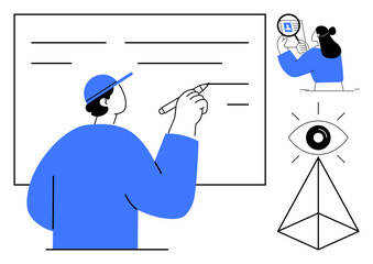 Data visualization concept. Data visualization conveyed through characters analyzing information on a whiteboard. Data visualization connects education, analysis, creativity, and innovation