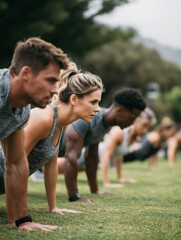 Fototapeta premium side view of a group of fitness people doing push ups in the park no logos no brands ar 34