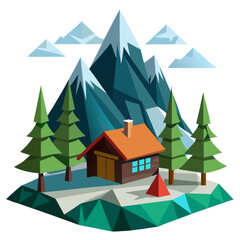 Minimalist Holiday Background: Low Poly Mountain, Cabin, and Forest
