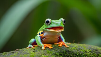 Naklejka premium A vibrant green frog perched on a mossy rock in a lush environment
