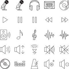 Collection of hand drawn music and audio related icons in silhouette isolated on white background