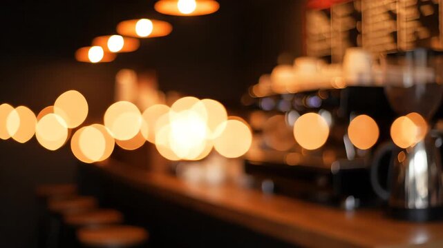 Seamlessly looping abstract background of warm orange and yellow out-of-focus bokeh lights subtly moving in a dark coffee shop environment stock footage, overlay, looping