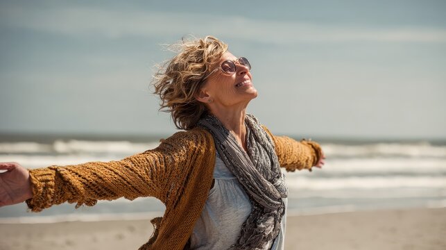happy mature woman with arms outstretched feeling the breeze at beach beautiful middle aged woman with arms up dancing on beach mid lady feeling good and enjoying freedom at sea copy space no logos n