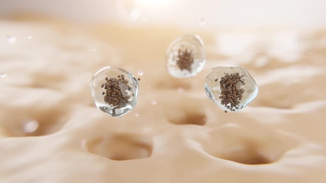 Skincare cleansing concept with serum spheres extracting impurities from skin pores. Visualization of deep pore cleansing, oil control, acne care and advanced cosmetic science technology.